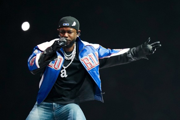 FILE - Kendrick Lamar performs during halftime of the NFL Super Bowl 59 football game between the Kansas City Chiefs and the Philadelphia Eagles in New Orleans, Feb. 9, 2025. (AP Photo/Matt Slocum, Fi ...