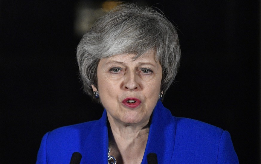 epa07291041 Britain&#039;s Prime Minister Theresa May makes a statement at Downing Street in London, Britain 16 January 2019. She won a Vote of no confidence in the government brought about by Leader  ...