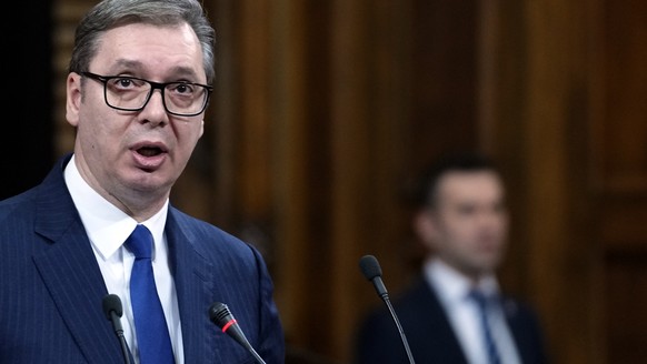 Serbia&#039;s President Aleksandar Vucic speaks during a special session of Serbia&#039;s parliament about the negotiating process with Kosovo in Belgrade, Serbia, Thursday, Feb. 2, 2023. Serbia fough ...