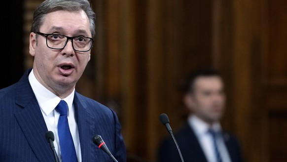 Serbia&#039;s President Aleksandar Vucic speaks during a special session of Serbia&#039;s parliament about the negotiating process with Kosovo in Belgrade, Serbia, Thursday, Feb. 2, 2023. Serbia fough ...