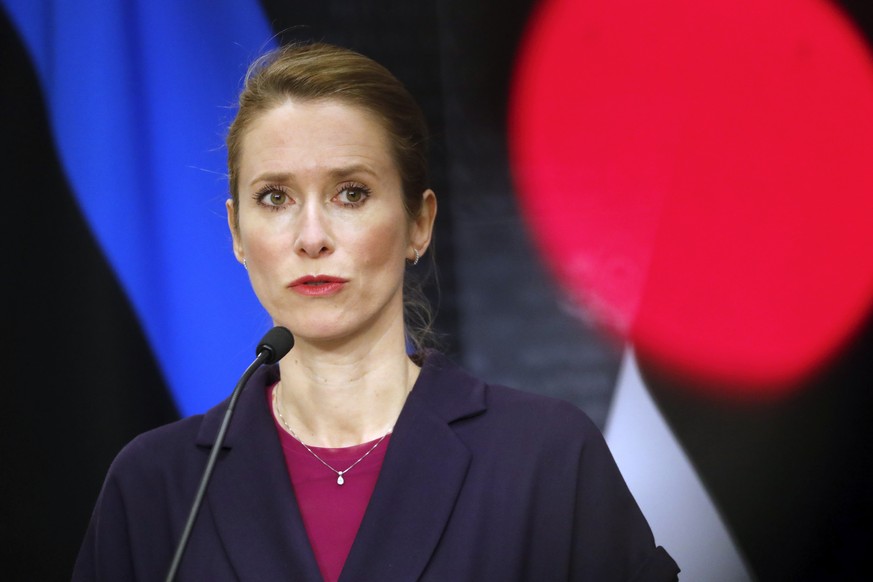 epa09902175 Estonian Prime Minister Kaja Kallas attends a press conference after her meeting with her Latvian and Lithuanian counterparts within the framework of the Prime Ministers&#039; Council at t ...
