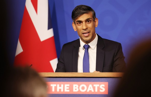 epa11015303 British Prime Minister Rishi Sunak addresses the media during a press conference at Downing Street in London, Great Britain, December 7, 2023. Sunak is under pressure after the resignation of…