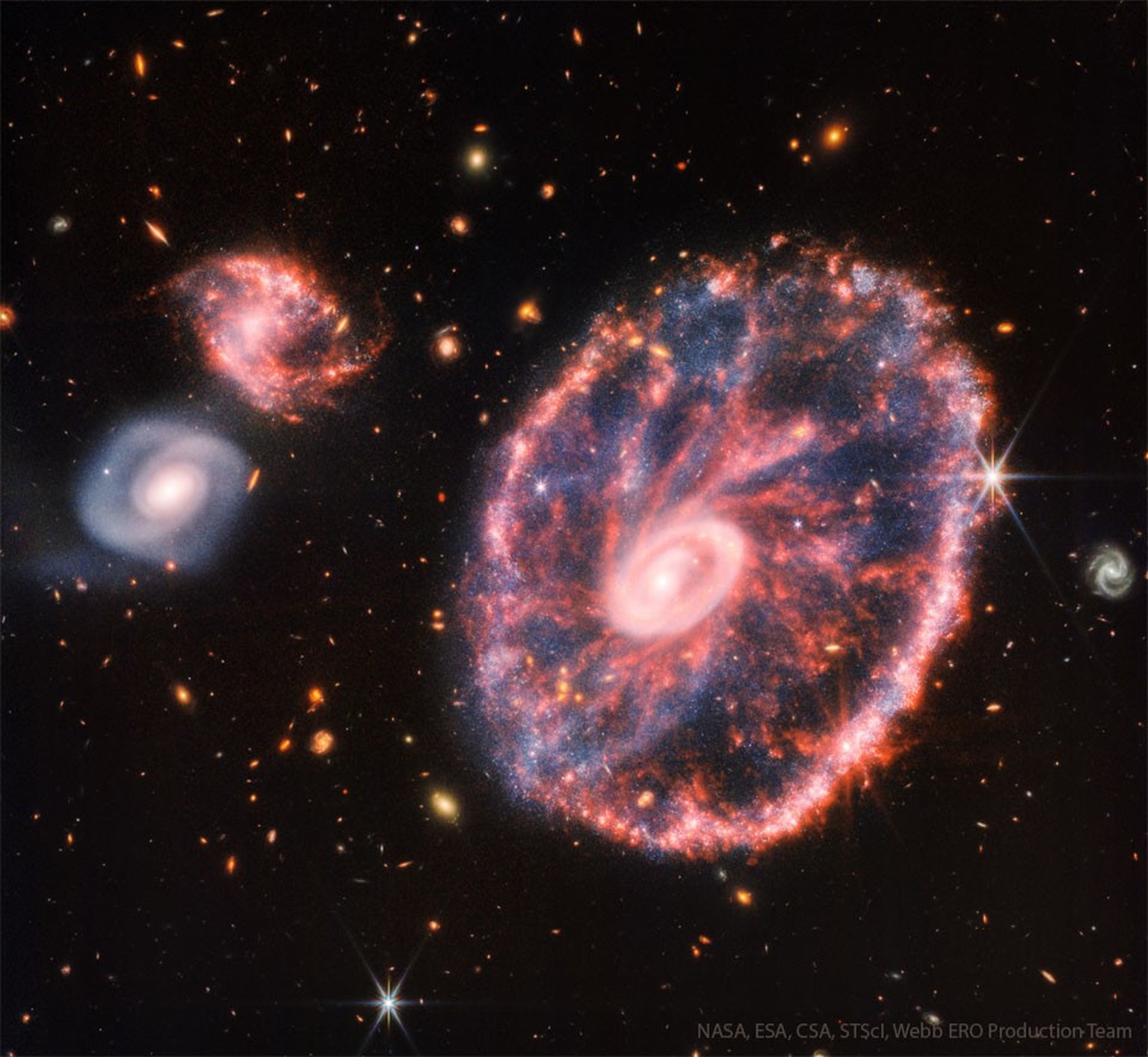 The Cartwheel Galaxy from Webb
To some, it looks like a wheel of a cart. In fact, because of its outward appearance, the presence of a central galaxy, and its connection with what looks like the spoke ...