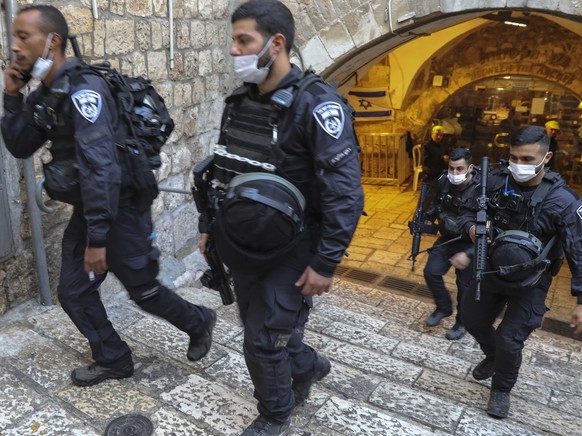 Israeli police guard the scene of a stabbing attack in Jerusalem&#039;s Old City, Thursday, Sept. 30, 2021. Israeli police say an alleged Palestinian attacker has been shot and killed after a stabbing ...