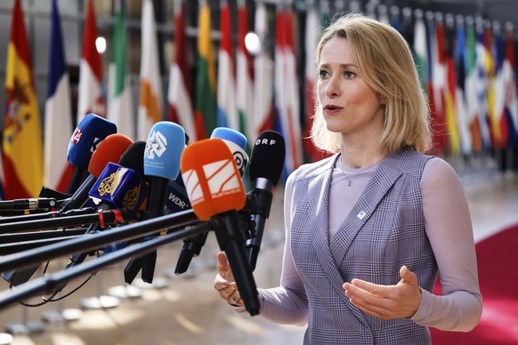 European Union foreign policy chief Kaja Kallas speaks with the media as she arrives for an EU summit at the European Council building in Brussels, Thursday, March 20, 2025. (AP Photo/Geert Vanden Wij ...