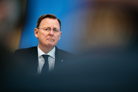 epa07956243 Prime Minister of Thuringia and top candidate of The Left (Die Linke) party for the state elections Bodo Ramelow speaks during a press conference on the result of the Thuringia state elect ...