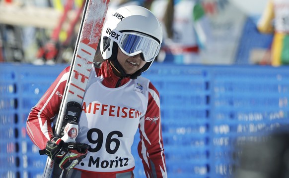 Alpine Skiing - FIS Alpine Skiing World Championships - Women&#039;s Giant Slalom - St. Moritz, Switzerland - 16/2/17 - Aanchal Thakur of India reacts at the finish line. REUTERS/Ruben Sprich