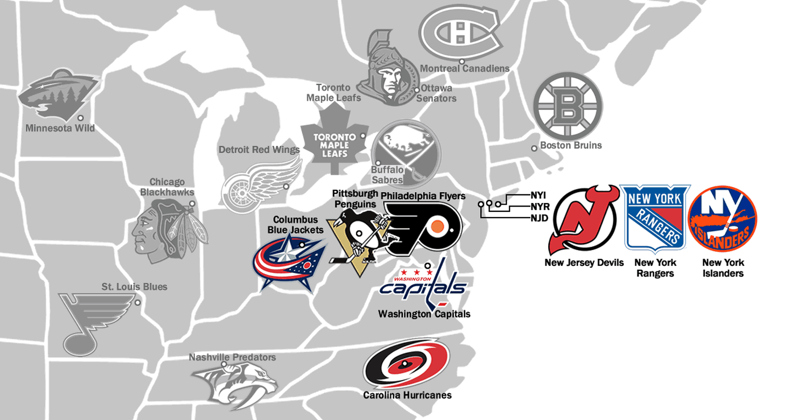 Die Teams der Metropolitan Division in Farbe.