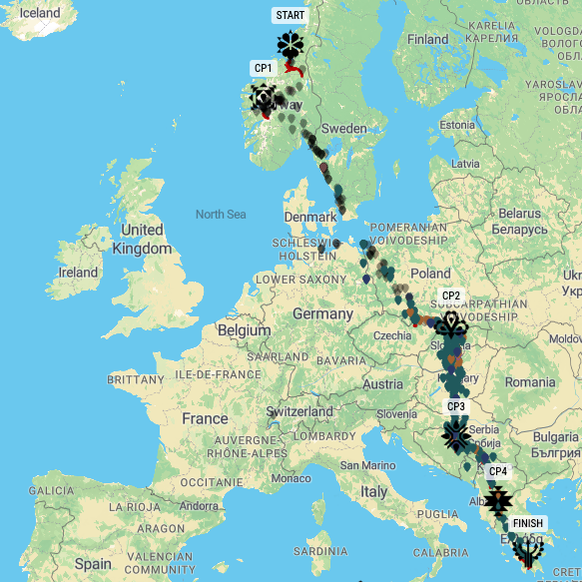 Transcontinental Race 2026 ungefähre Strecke von Trondheim nach Kalamata