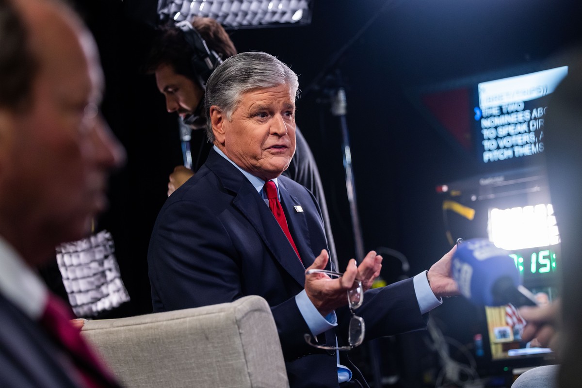 epa11597477 Conservative talk show host Sean Hannity speaks to members of the media ahead of the presidential debate between former US President Donald Trump and current Vice President Kamala Harris i ...