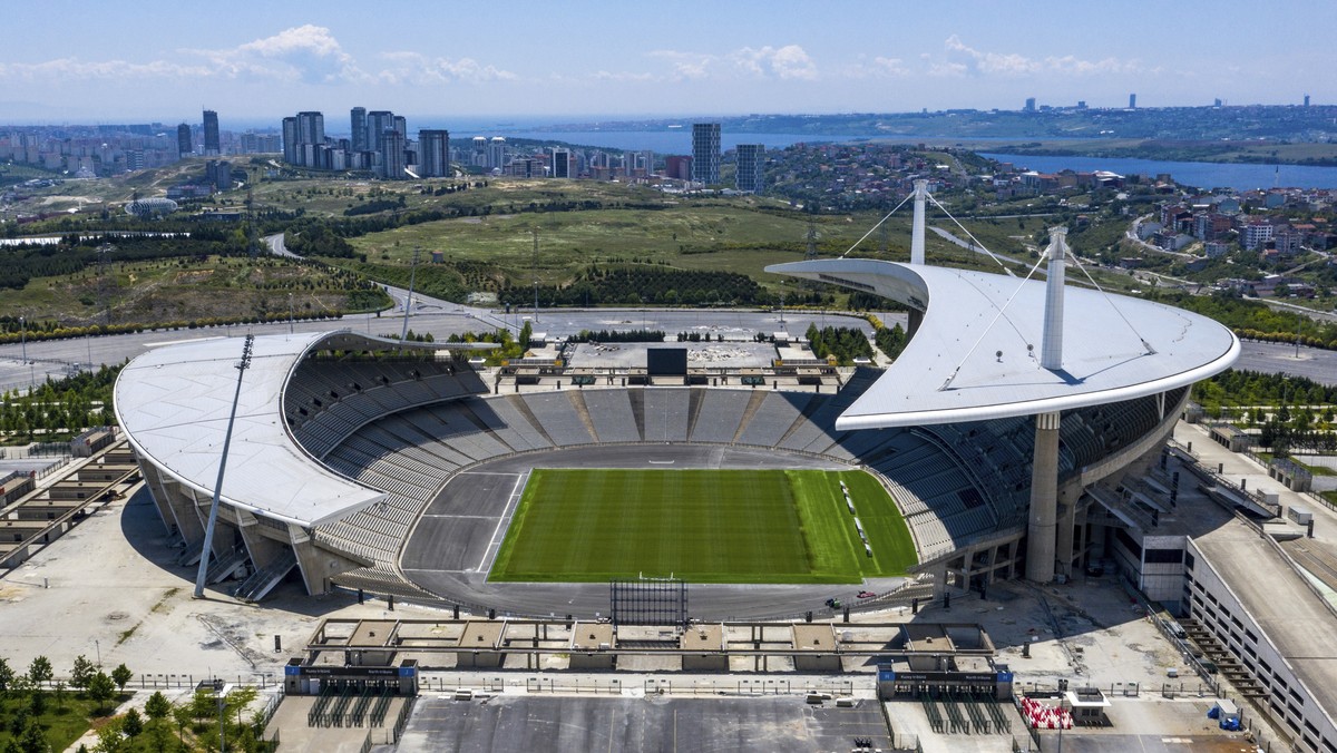 A aerial view of Ataturk Olympic Stadium, in Istanbul, Saturday, May 30, 2020. The UEFA Champions League final soccer match was scheduled to be hosted at Ataturk Olympic Stadium May 30 but is postpone ...
