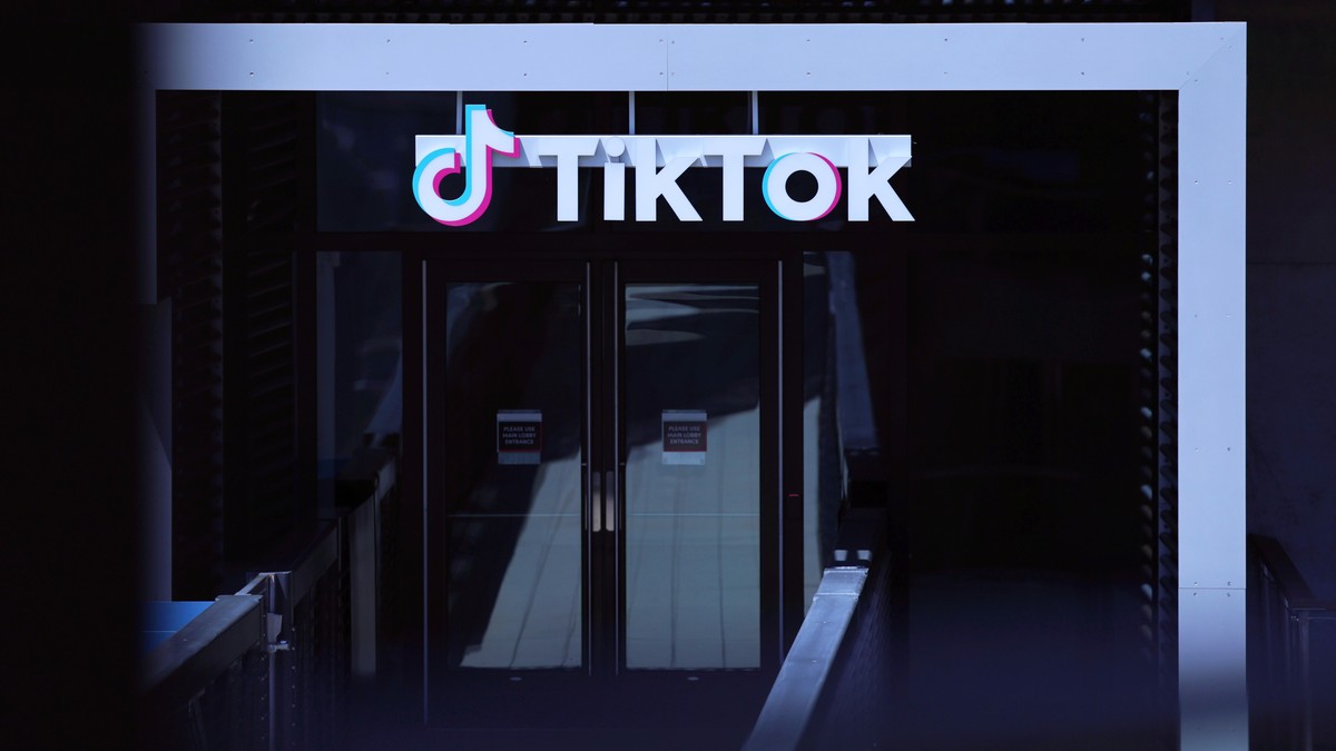 epa11298579 A sign is on display above the entrance of TikTok in Los Angeles, California, USA, 24 April 2024. US President Biden signed on 24 April a law that would ban Chinese-owned TikTok unless it  ...