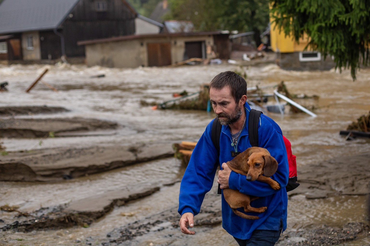 epa11606163 A man carries his dog after he was evacuated from house in overfloating Bela river after heavy rain in town of Jesenik, Czech Republic, 15 September 2024. Floods caused by heavy rains have ...