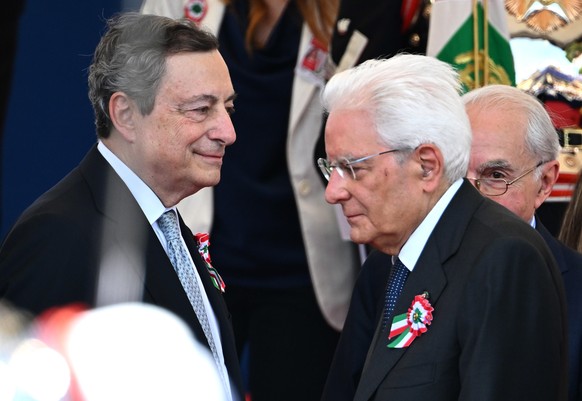 epa09991484 Italian Prime Minister Mario Draghi (R) and Italian President Sergio Mattarella attend the Republic Day &#039;Festa della Repubblica&#039; celebrations in Rome, Italy, 02 June 2022. The an ...