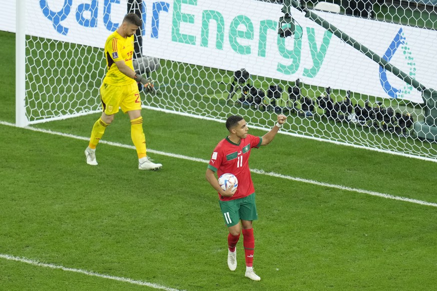 Morocco&#039;s Abdelhamid Sabiri celebrates after he scored a penalty kick during the World Cup round of 16 soccer match between Morocco and Spain, at the Education City Stadium in Al Rayyan, Qatar, T ...