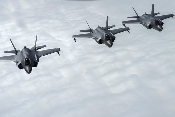 epa10667515 Norwegian F-35 Lightning fighters during the Arctic Challenge Exercise (ACE) at Orlandet air station in Orlandet, Norway, 01 June 2023. Aircraft from Norway, Belgium, the Czech Republic, I ...