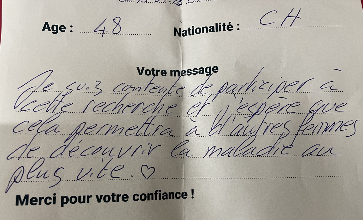 message d'encouragement d'une femme qui participe à l'étude Olfacanis de recherche de cancer du sein via les chiens de détection