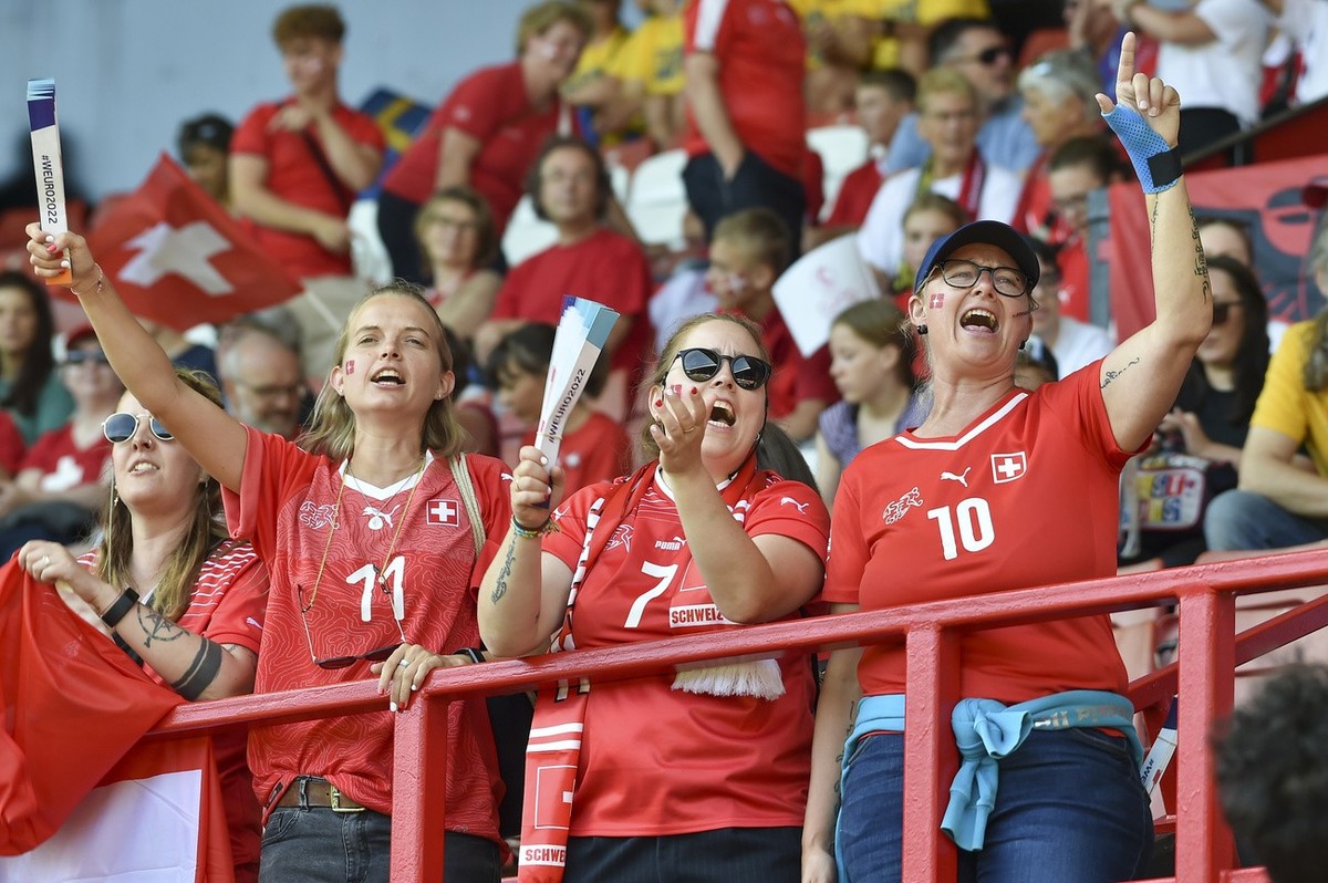 Swiss supporters cheer prior to the start the Women Euro 2022 group C soccer match between Sweden and Switzerland at Bramall Lane stadium in Sheffield, England, Wednesday, July 13, 2022. (AP Photo/Rui ...