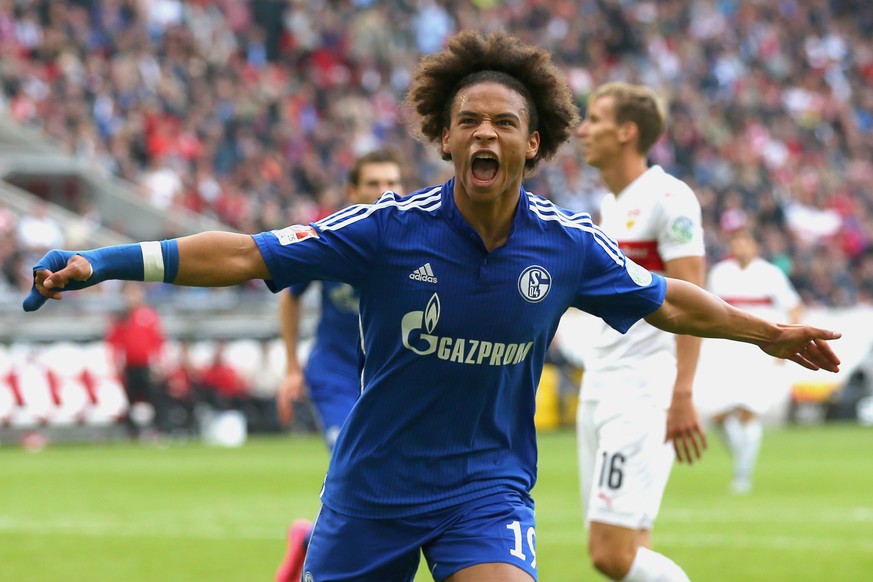 STUTTGART, GERMANY - SEPTEMBER 20: Leroy Sane of Schalke celebrates scoring the opening goal during the Bundesliga match between VfB Stuttgart and FC Schalke 04 at Mercedes-Benz Arena on September 20, ...