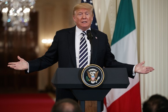 President Donald Trump speaks during a news conference with Italian Prime Minister Giuseppe Conte in the East Room of the White House, Monday, July 30, 2018, in Washington. Trump is diving deep into F ...