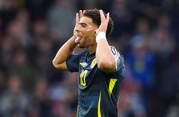 Scotland&#039;s Che Adams celebrates scoring their side&#039;s first goal during during the World Cup 2026 group C qualifying soccer match between Scotland and Belarus at Hampden Park in Glasgow, Scot ...