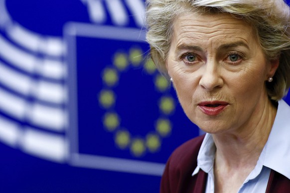 European Commission President Ursula Van Der Leyen attends a press conference after the presentation of the Slovenian Presidency at the European Parliament in Strasbourg, eastern France, Tuesday, July ...