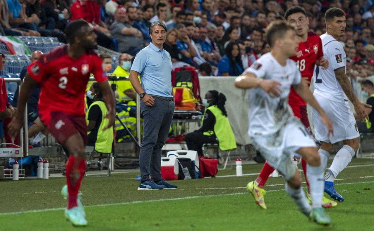 Switzerland's head coach Murat Yakin during the 2022 FIFA World Cup European Qualifying Group C match between Switzerland and Italy in the St. Jakob-Park stadium in Basel, Switzerland, on Sunday, ...