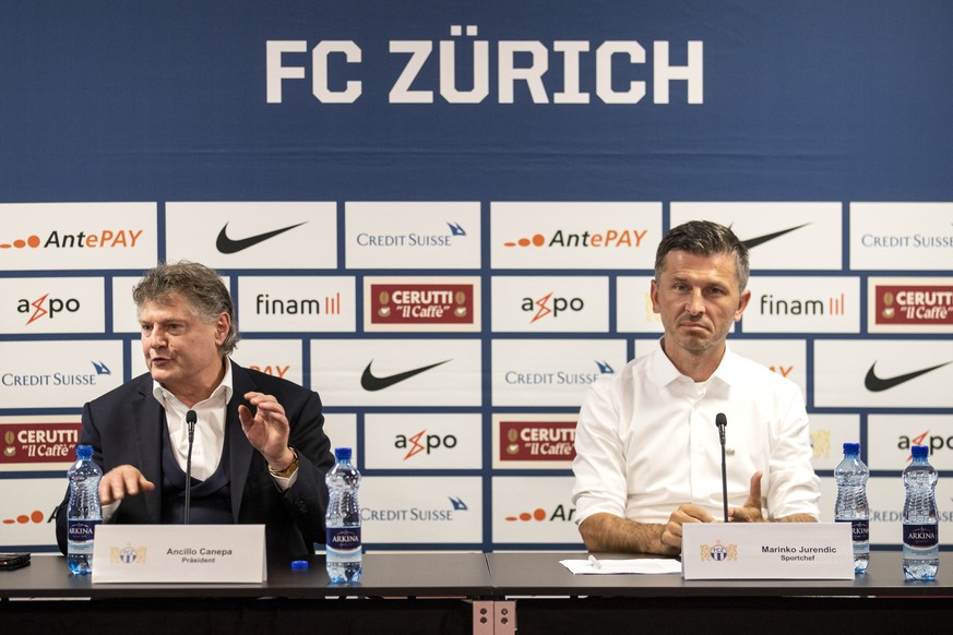 Zuerichs Praesident Ancillo Canepa und Sportchef Marinko Jurendic, von links, waehrend dem Saison-Vorschaugespraech des FC Zuerich am Mittwoch, 19. August 2020 in Zuerich. (KEYSTONE/Alexandra Wey)