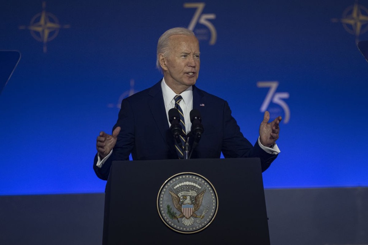 WASHINGTON DC, USA - JULY 09: US President Joe Biden delivers remarks during the NATO's 75th Anniversary Commemoration event at the Andrew W. Mellon Auditorium in Washington DC., United States on ...