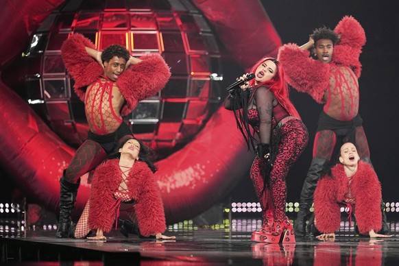 Miriana Conte from Malta performs the song &quot;SERVING&quot; during the dress rehearsal for the Grand Final of the 69th Eurovision Song Contest, in Basel, Switzerland, Friday, May 16 2025. (AP Photo ...