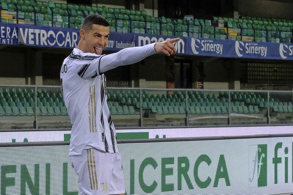 Cristiano Ronaldo celebrates his 0-1 goal during the Italian Serie A soccer match between Verona and Juventus at the Bentegodi stadium in Verona, Italy, on Saturday, Feb. 27, 2021. (Paola Garbuio/LaPr ...