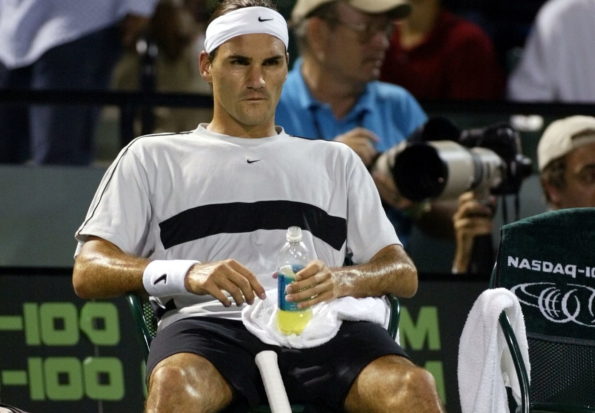 Top-seeded Roger Federer of Switzerland rests between sets during a match against No. 32 seed Rafael Nadal of Spain Sunday, March 28, 2004, at the Nasdaq-100 Open in Key Biscayne, Fla. Nadal beat Fede ...