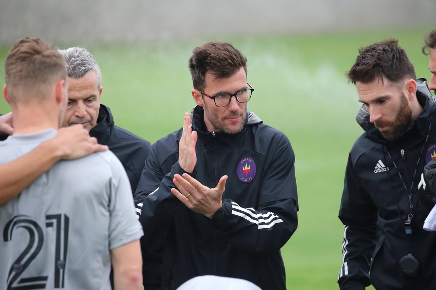 Clearwater, FL - FEB 01: Fire Head Coach Raphael Wicky talks to his team during the pre-season match between the Chicago Fire and the Philadelphia Uniion on February 01, 2020 at Joe DiMaggio Sports Co ...