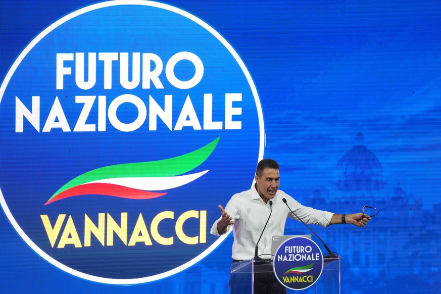 EU Parliament member and former Italian army general Roberto Vannacci addresses the audience as he concludes the two-day founding congress of his far-right party, Futuro Nazionale (National Future) in ...