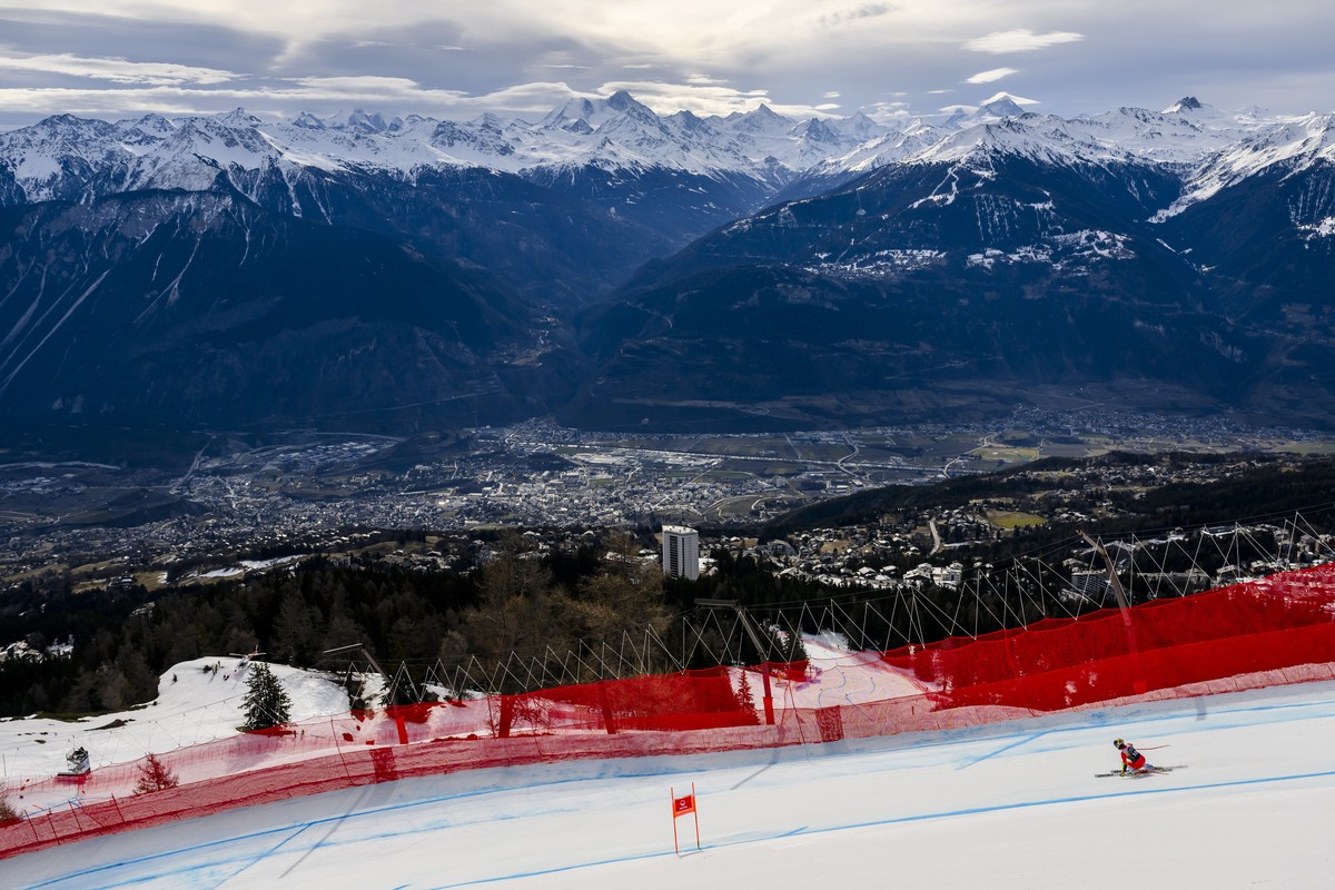 Lara Gut-Behrami of Switzerland in action during a training session for the women's Downhill race at the Alpine Skiing FIS Ski World Cup, in Crans-Montana, Switzerland, Thursday, February 15, 202 ...