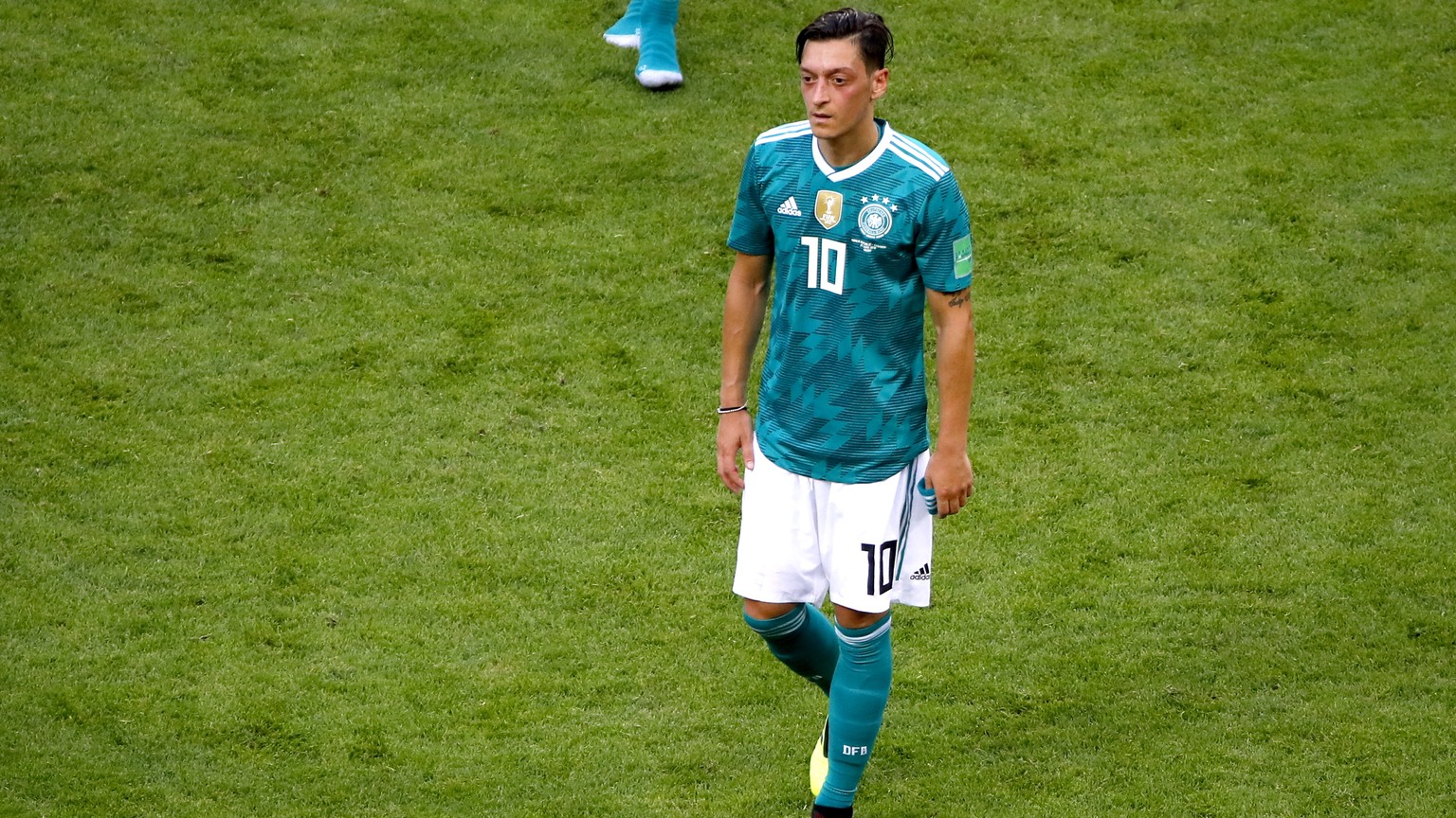 epa06844924 Mesut Oezil of Germany reacts after the FIFA World Cup 2018 group F preliminary round soccer match between South Korea and Germany in Kazan, Russia, 27 June 2018.

(RESTRICTIONS APPLY: E ...