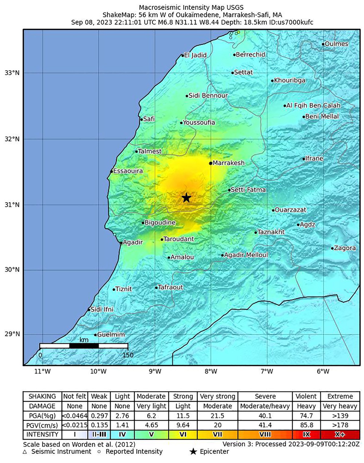 epa10849868 A handout shakemap made available by the United States Geological Survey (USGS) shows the location of a 6.8-magnitude earthquake hitting near Marrakech, Morocco, 08 September 2023 (issued  ...