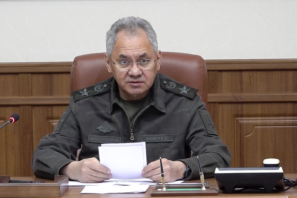 CORRECTS DATE In this photo taken from video released by the Russian Defense Ministry Press Service on Tuesday, April 30, 2024, Russian Defense Minister Sergei Shoigu chairs a meeting at the Joint Gro ...