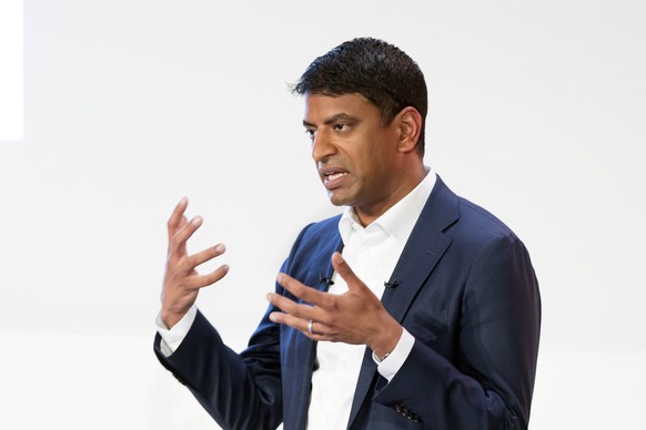 Vas Narasimhan, new CEO of Swiss pharmaceutical group Novartis, speaks during the annual results media conference at the Novartis Campus in Basel, Switzerland, on Wednesday, January 24, 2018. (KEYSTON ...