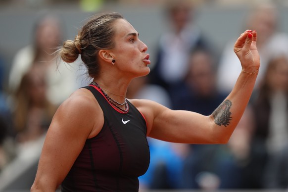 Aryna Sabalenka of Belarus reacts during the quarterfinal tennis match against Russia's Diana Shnaider at the French Open in Paris, Wednesday, June 3, 2026. (AP Photo/Aurelien Morissard)
Aryna Sa ...