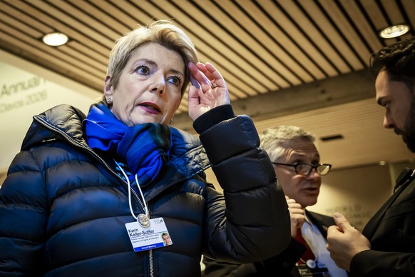 epa12671034 Switzerland's Economy Minister Federal councillor Karin Keller-Sutter reacts during the 56th annual meeting of the World Economic Forum (WEF), in Davos, Switzerland, 22 January 2026.  ...