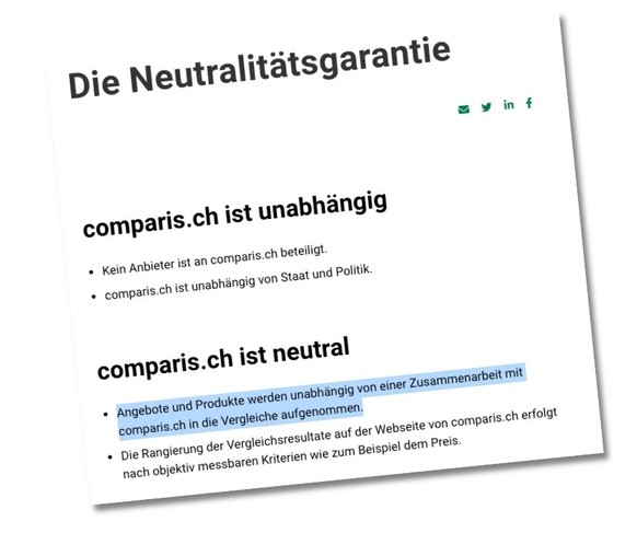 Die auf der Comparis-Website publizierte Neutralitätsgarantie.