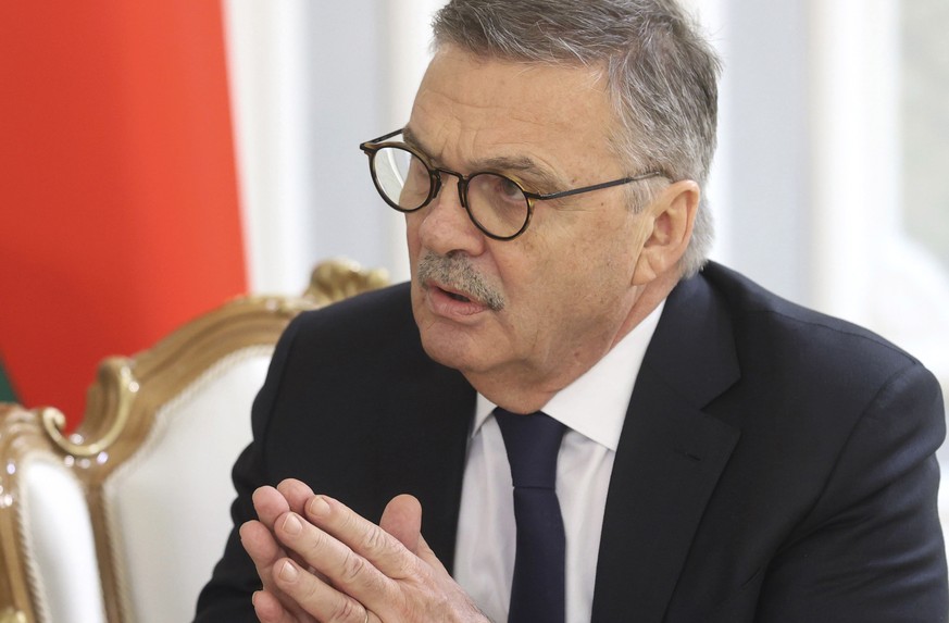 International Ice Hockey Federation President Rene Fasel reacts while speaking with Belarusian President Alexander Lukashenko during their talks in Minsk, Belarus, Monday, Jan. 11, 2021. (Nikolai Petr ...