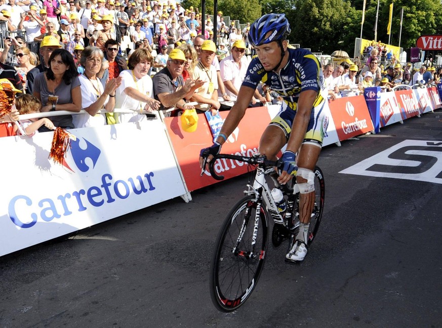 - SAINT-FLOUR, FRANCE: Dutch Johnny Hoogerland of Vacansoleil-DMC pictured as he passes the finish line after the ninth stage of the Tour de France cycling race, 208 km from Issoire to Saint-Flour, in ...