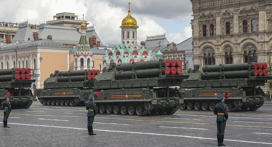 epa09935434 Russian medium-range surface-to-air missile system Buk-M3 roll through the Red Square during the Victory Day military parade in Moscow, Russia, 09 May 2022. Russia marks Victory Day,