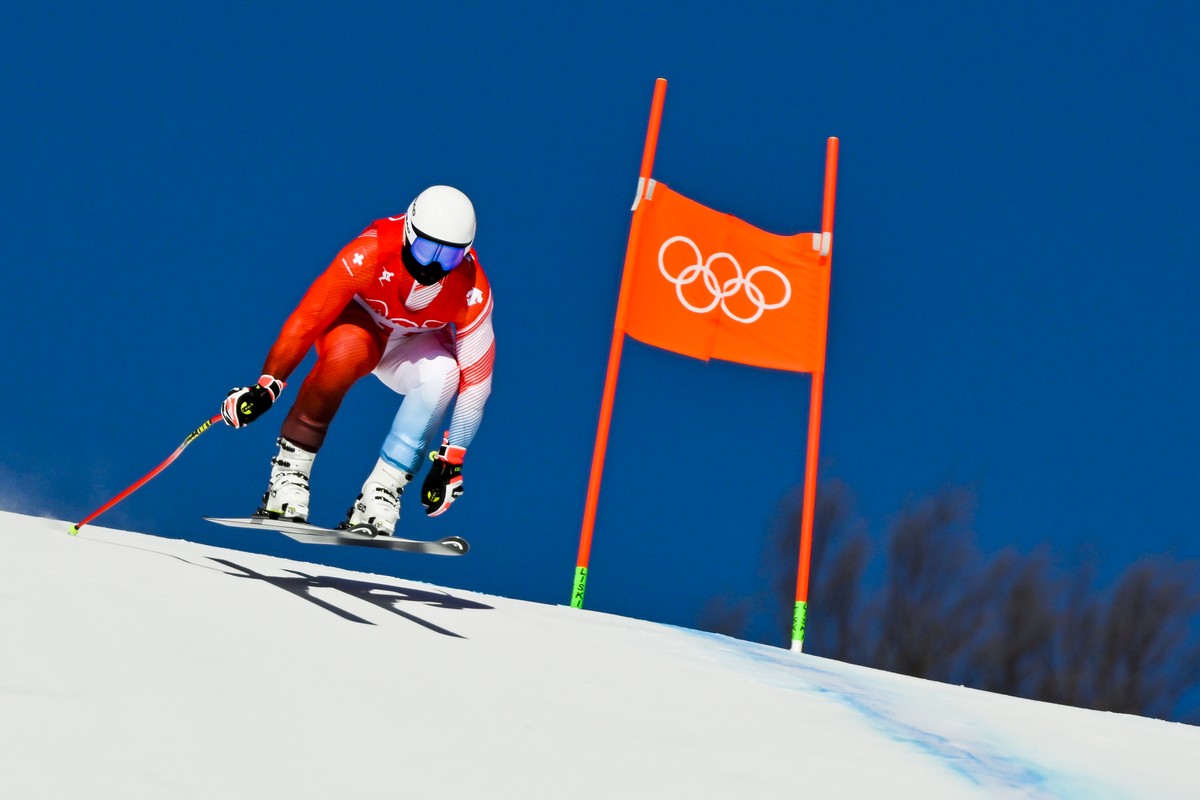 Beat Feuz of Switzerland competes in men's downhill training at the at the 2022 Olympic Winter Games in Yanqing, China, on Friday, February 4, 2022. (KEYSTONE/Jean-Christophe Bott)..