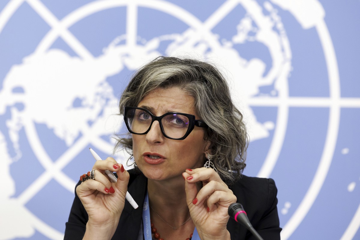 FILE - Francesca Albanese, Special Rapporteur on the situation of human rights in the Palestinian territories occupied since 1967, talks to the media during a press conference at the European headquar ...