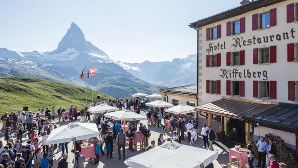 The VIP Apero in front of the Hotel Restaurant Riffelberg with the Matterhorn in the background, prior to the premiere of the theater &quot;The Matterhorn Story&quot; which is based on the story of th ...