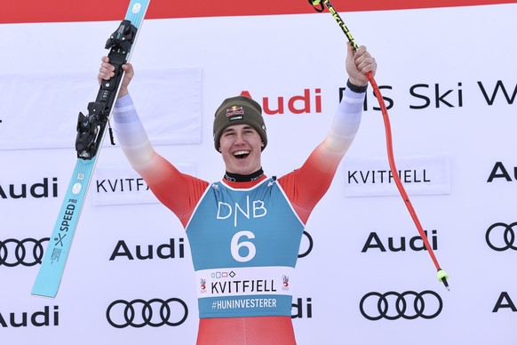 The winner Switzerland&#039;s Franjo von Allmen celebrates after an alpine ski, men&#039;s World Cup downhill, in Kvitfjell, Norway, Saturday, March 8, 2025. (AP Photo/Marco Trovati)
Norway Alpine Ski ...