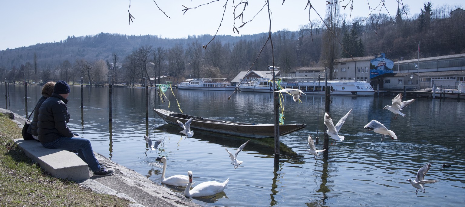 Fussgaenger geniessen das sonnig warme Wetter am Rhein und fuettern Moewen, Enten und Schwaene, am Samstag, 24. Maerz 2018, in Schaffhausen. (KEYSTONE/Melanie Duchene)